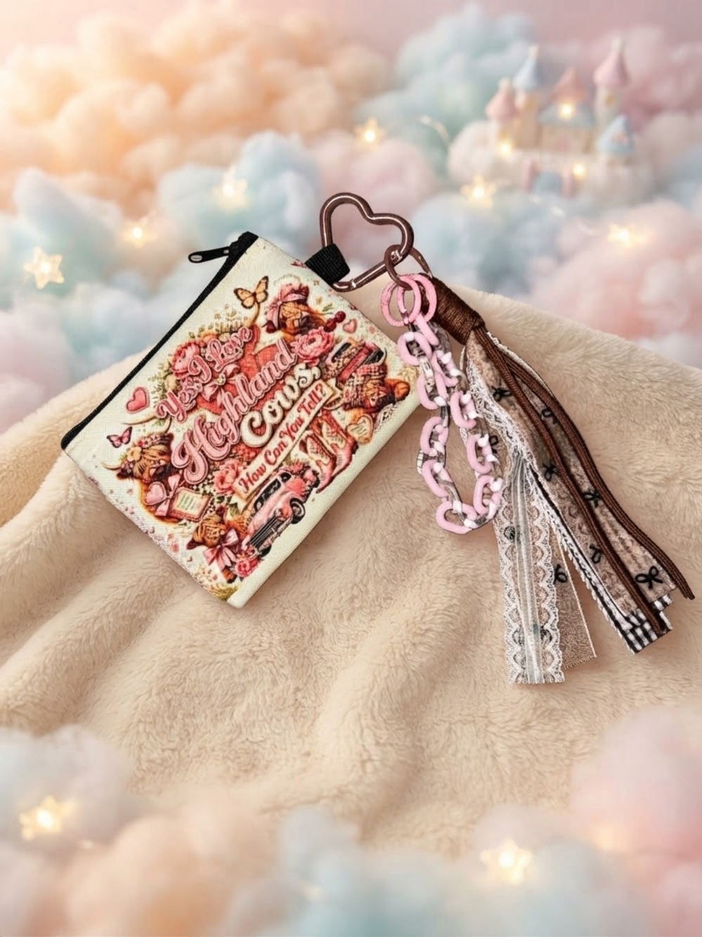 Cute Pink Cream Printed Wristlet Key Pouch with Tassel Charm